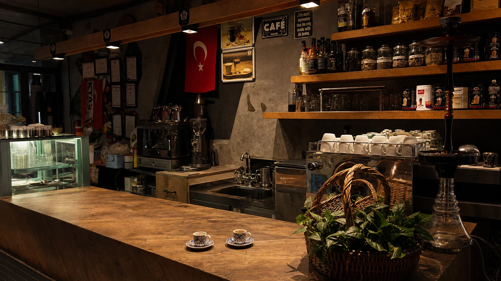 Ahşap kahve barı, espresso makinesi ve porselen Türk kahvesi fincanları